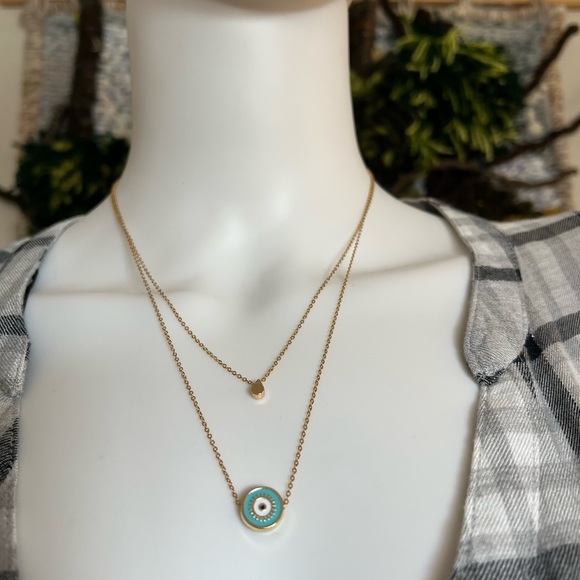 Evil Eye Minimalist Layered Necklace - Pop-of-Color Gold Preppy Necklace - Picture 7 of 17